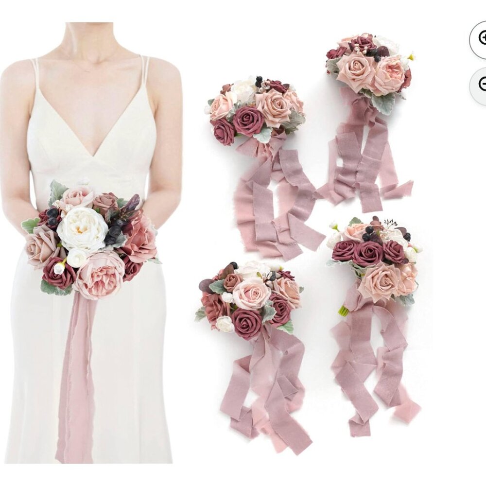 Ling's Moment Artificial Flowers Dusty Rose Bridesmaid Bouquet Set of 6 brand ne